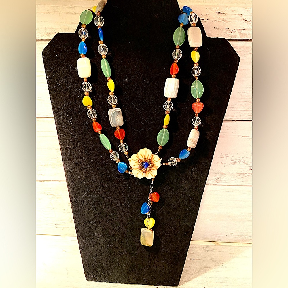 New  Colorful Glass Double Strand Beaded Necklace with Flower Clasp